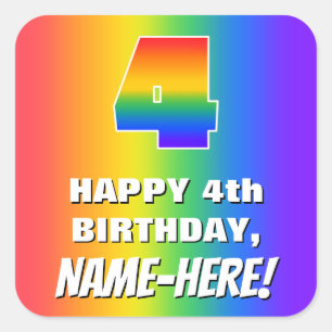 4th Birthday: Colorful, Fun Rainbow Pattern # 4 Square Sticker