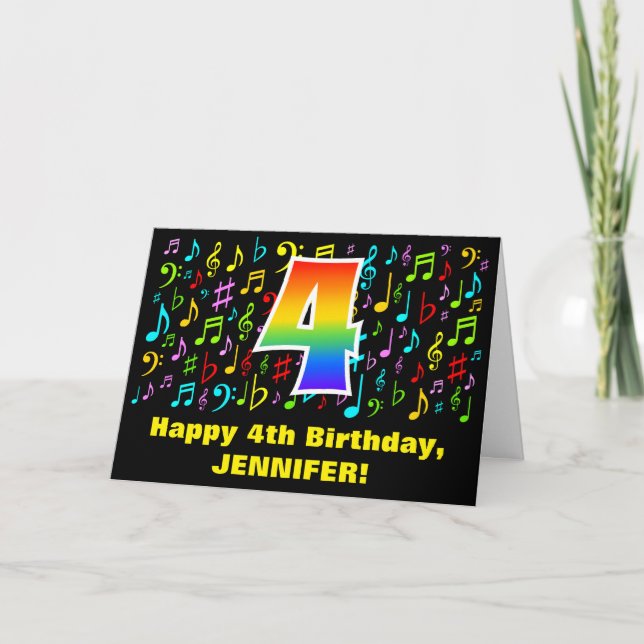 4th Birthday - Colorful Music Symbols & Rainbow 4 Card (Front)