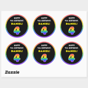 4th Birthday: Colorful Rainbow # 4, Custom Name Classic Round Sticker