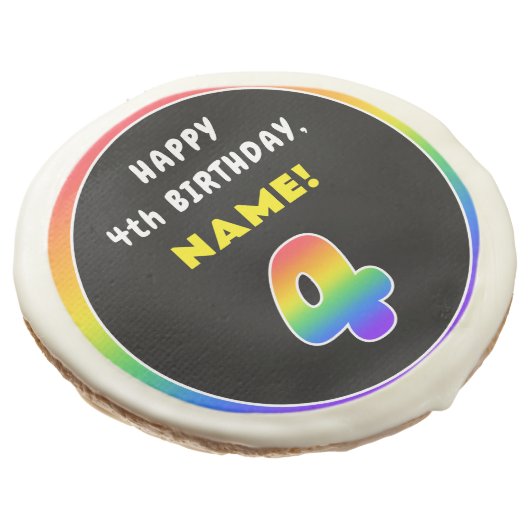 4th Birthday: Colorful Rainbow # 4, Custom Name Sugar Cookie (Angled)