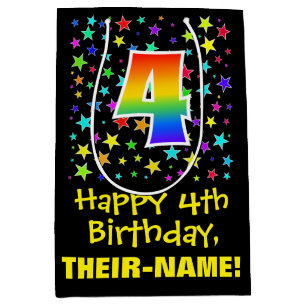 4th Birthday: Colorful Stars Pattern & Rainbow 4 Medium Gift Bag