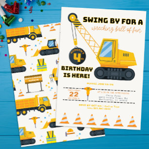 4th Birthday Construction Crane Invitation 