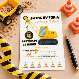 4th Birthday Construction Crane Invitation 
