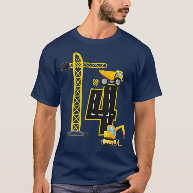 4th Birthday Construction Vehicles Diggers Crane T-Shirt (Front)