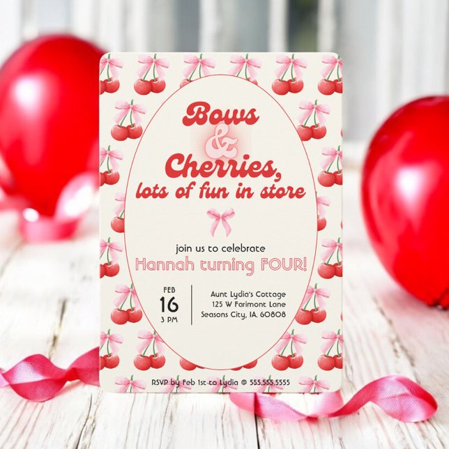 4th Birthday Coquette Cherries Bows Bubble Letters Invitation (Creator Uploaded)