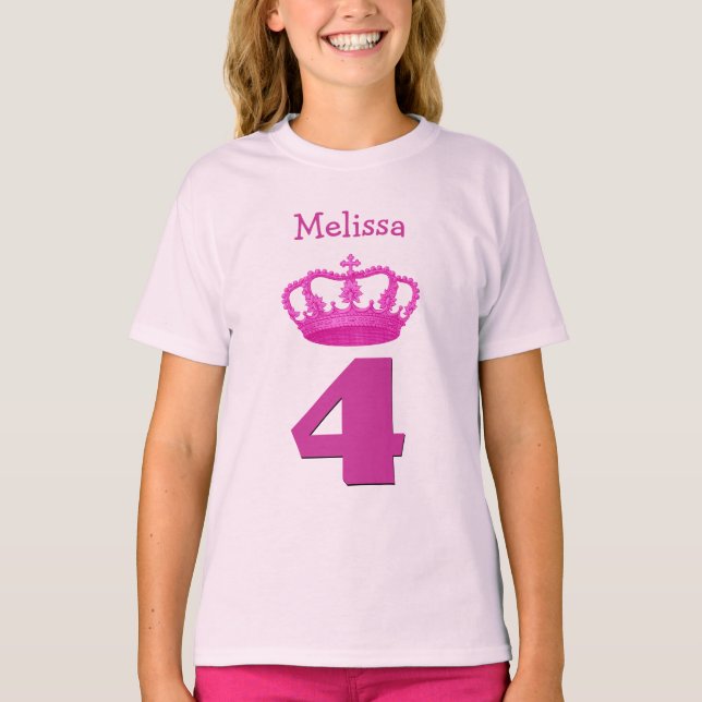 4th Birthday Crown and Big Number Custom Name Girl T-Shirt (Front)