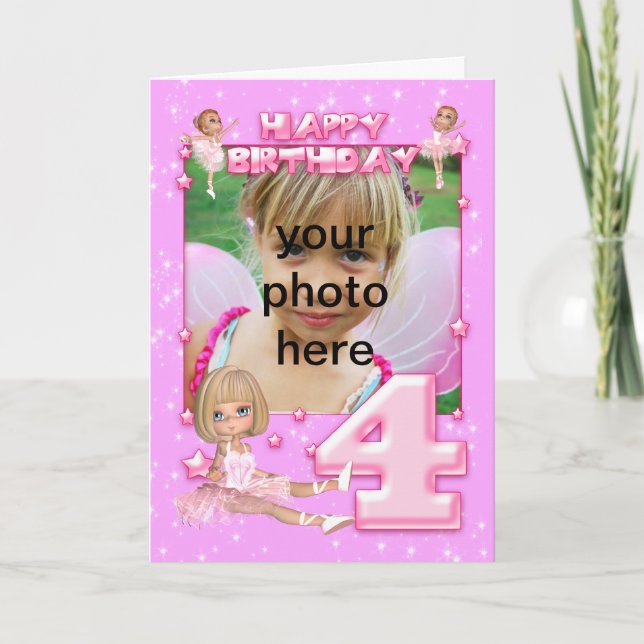 4th birthday customizable photo birthday card, card (Front)