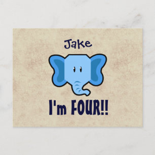 4th Birthday Cute Blue Elephant Face for BOY E04Z Announcement Postcard