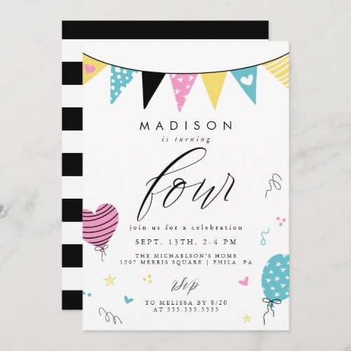 4TH BIRTHDAY  Cute Doodle Birthday Party Invitation