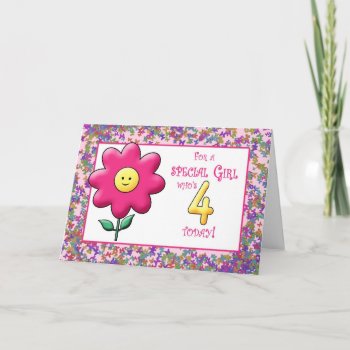 4th Birthday Cute Pink Flower And Card by PamJArts at Zazzle