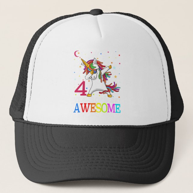4th Birthday Dabbing Unicorn Party Gift Trucker Hat (Front)