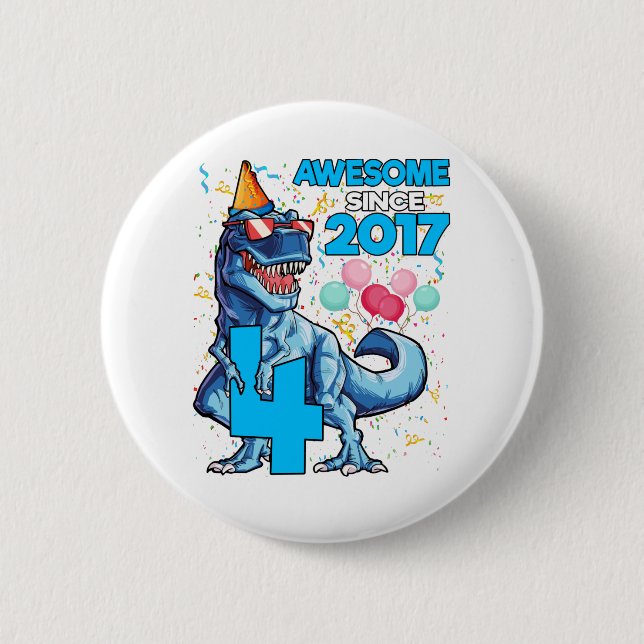 4th Birthday Dinosaur 4 Year Old Boy Kids Awesome Button (Front)