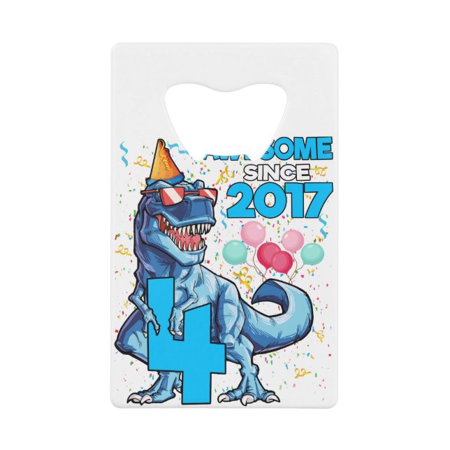 4th Birthday Dinosaur 4 Year Old Boy Kids Awesome Credit Card Bottle Opener (Front)