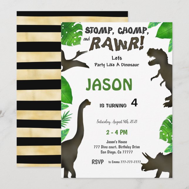 4th Birthday, Dinosaur Birthday  Invitation (Front/Back)