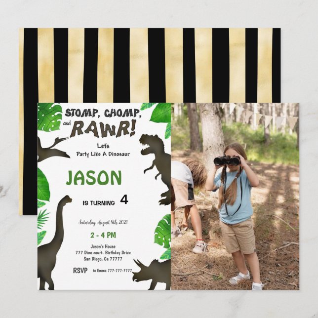 4th Birthday, Dinosaur Birthday Photo  Invitation (Front/Back)