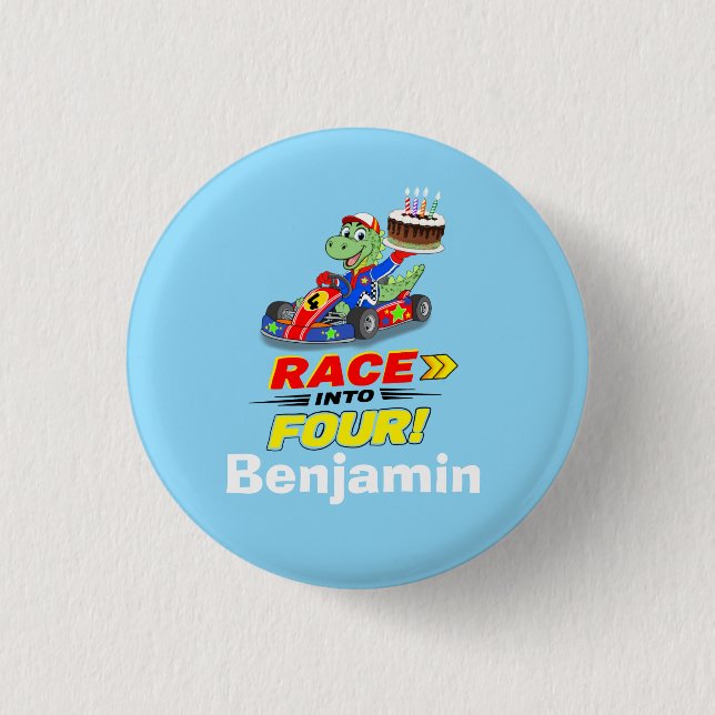  4th Birthday Dinosaur Race Car Ready Set  Button (Front)