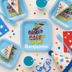 4th Birthday Dinosaur Race Car Ready Set Paper Plates