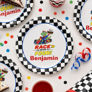  4th Birthday Dinosaur Race Car Ready Set  Paper Plates