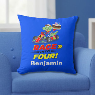 4th Birthday Dinosaur Race Car Ready Set Throw Pillow