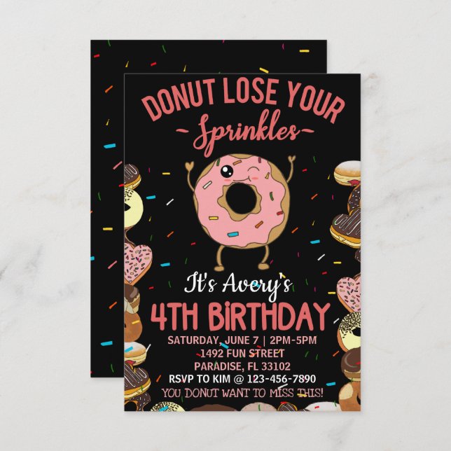 4th Birthday Donut Lose Your Sprinkles Girls Invitation (Front/Back)