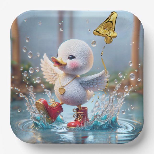 4th Birthday Duck Dancing In a Rain Puddle Paper Plates (Front)