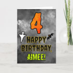 4th Birthday: Eerie Halloween Theme   Custom Name Card<br><div class="desc">The front of this spooky and scary Halloween themed birthday greeting card design features a large number “4”, along with the message “HAPPY BIRTHDAY, ”, and a customizable name. There are also depictions of a ghost and a bat on the front. The inside features a personalized birthday greeting message, or...</div>