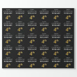 [ Thumbnail: 4th Birthday: Elegant, Black, Faux Gold Look Wrapping Paper ]