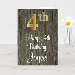 4th Birthday: Elegant Faux Gold Look #, Faux Wood Card
