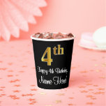 [ Thumbnail: 4th Birthday - Elegant Luxurious Faux Gold Look # Paper Cups ]