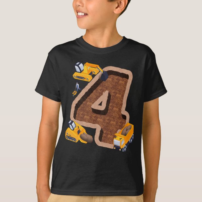 4th Birthday Excavator Construction Vehicles Party T-Shirt (Front)