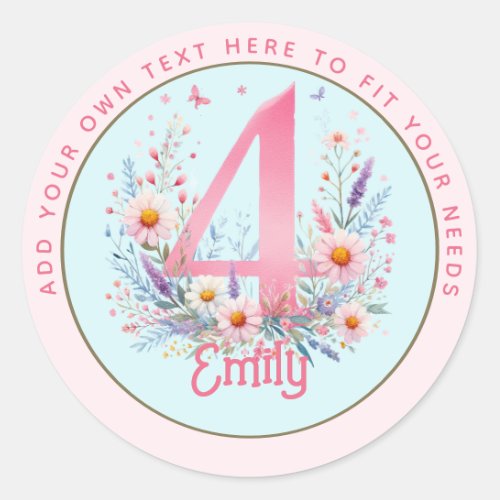 4th Birthday Fairy Floral Pink Princess Fairytale Classic Round Sticker