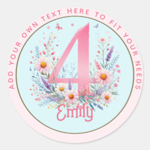 4th Birthday Fairy Floral Pink Princess Fairytale Classic Round Sticker