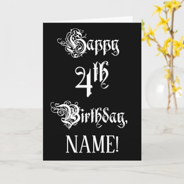 4th Birthday: Fancy, Elegant Script + Custom Name Card (Yellow Flower)