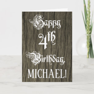 4th Birthday: Fancy, Elegant Text; Faux Wood Look Card