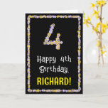 [ Thumbnail: 4th Birthday: Floral Flowers Number, Custom Name Card ]