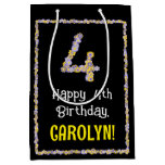 [ Thumbnail: 4th Birthday: Floral Flowers Number, Custom Name Gift Bag ]