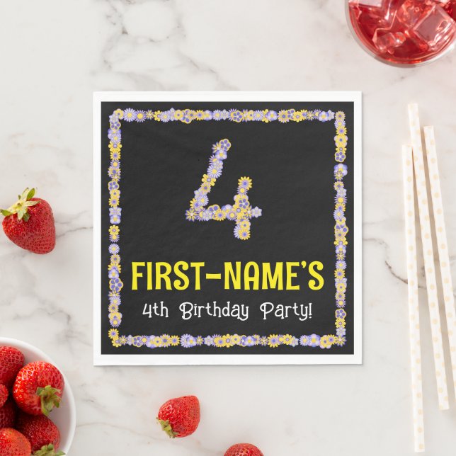 4th Birthday: Floral Flowers Number, Custom Name Napkins (Insitu)