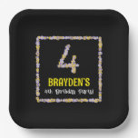 [ Thumbnail: 4th Birthday: Floral Flowers Number, Custom Name Paper Plates ]