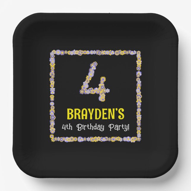 4th Birthday: Floral Flowers Number, Custom Name Paper Plates (Front)