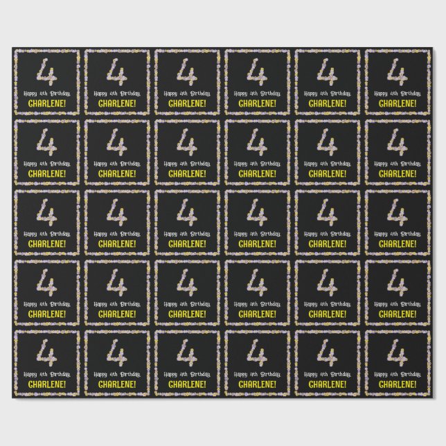 4th Birthday: Floral Flowers Number, Custom Name Wrapping Paper (Flat)