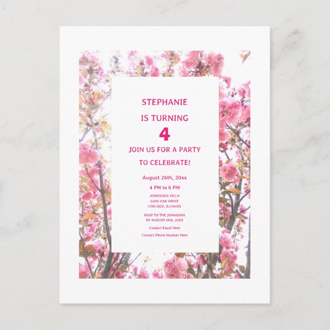4th Birthday Floral Fourth Custom Age Pink Cherry Invitation Postcard (Front)
