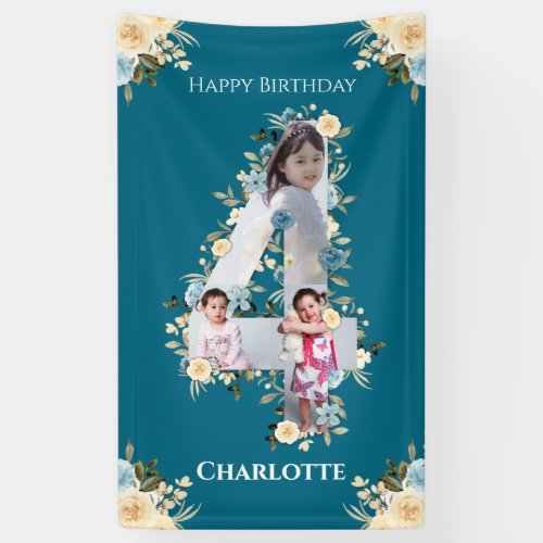 4th Birthday Flower Teal Photo Collage Blue Yellow Banner