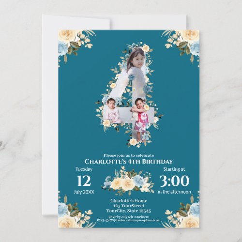 4th Birthday Flower Teal Photo Collage Blue Yellow Invitation