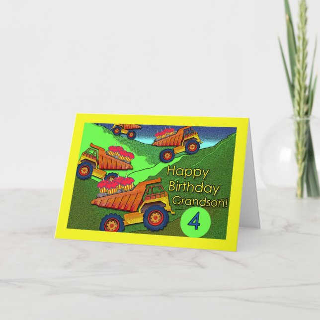 4th Birthday for Grandson, Dump Trucks, Cupcakes Card (Front)