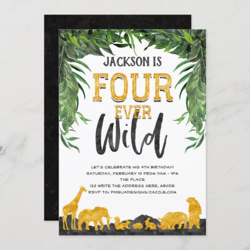 4th birthday Fourever wild Jungle safari animal Invitation