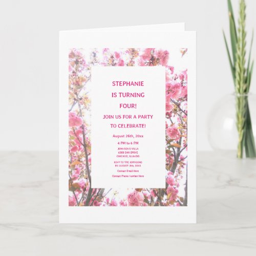 4th Birthday Fourth Custom Age Pink Cherry Floral  Invitation