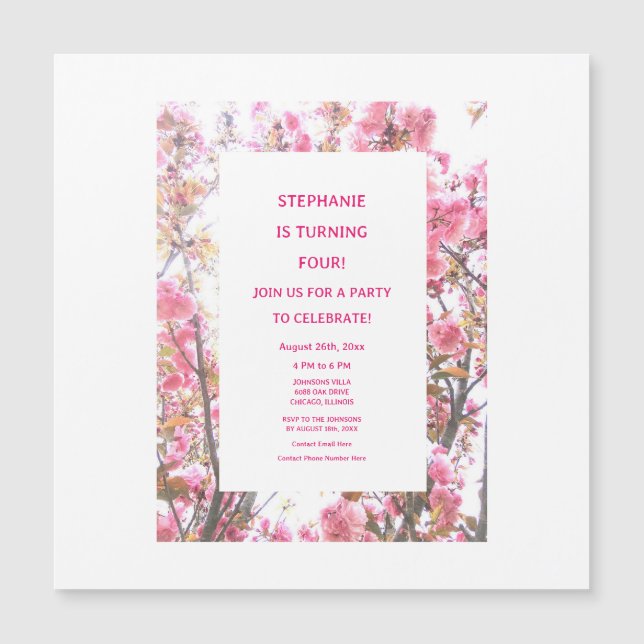 4th Birthday Fourth Custom Age Pink Cherry Floral  Magnetic Invitation (Front)