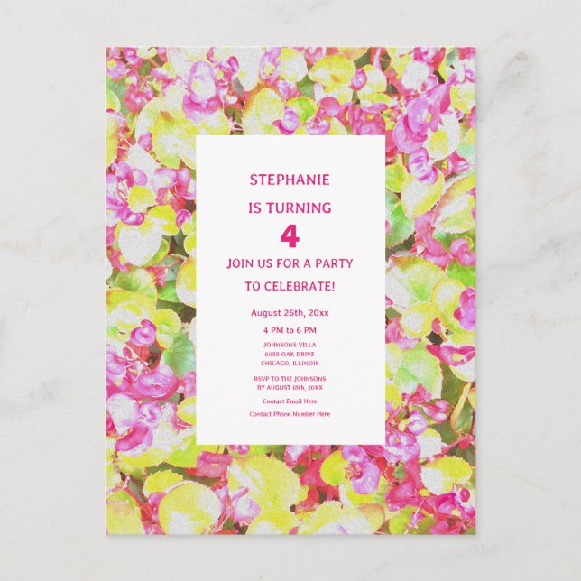 4th Birthday Fourth Floral Green Pink Custom Age  Invitation Postcard (Front)