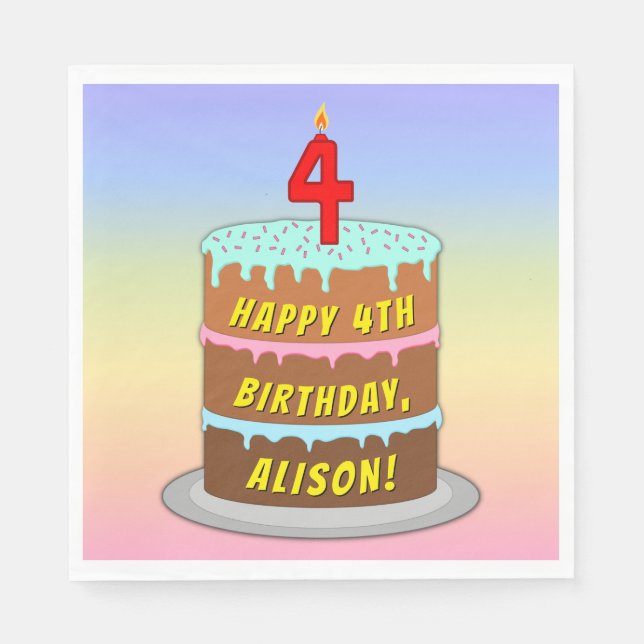 4th Birthday: Fun Cake and Candle + Custom Name Napkins (Front)