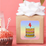 [ Thumbnail: 4th Birthday: Fun Cake and Candle + Custom Name Sticker ]